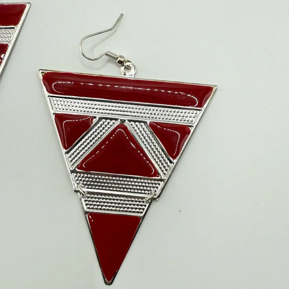 Red Silver Triangle Drop Earrings | Geometric Art Deco Statement